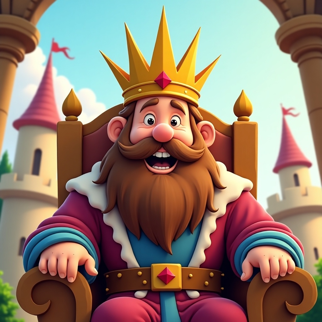 Cartoon king character sitting on a throne with a big smile and a golden crown. Colorful royal attire. Throne located in a fantasy castle background.