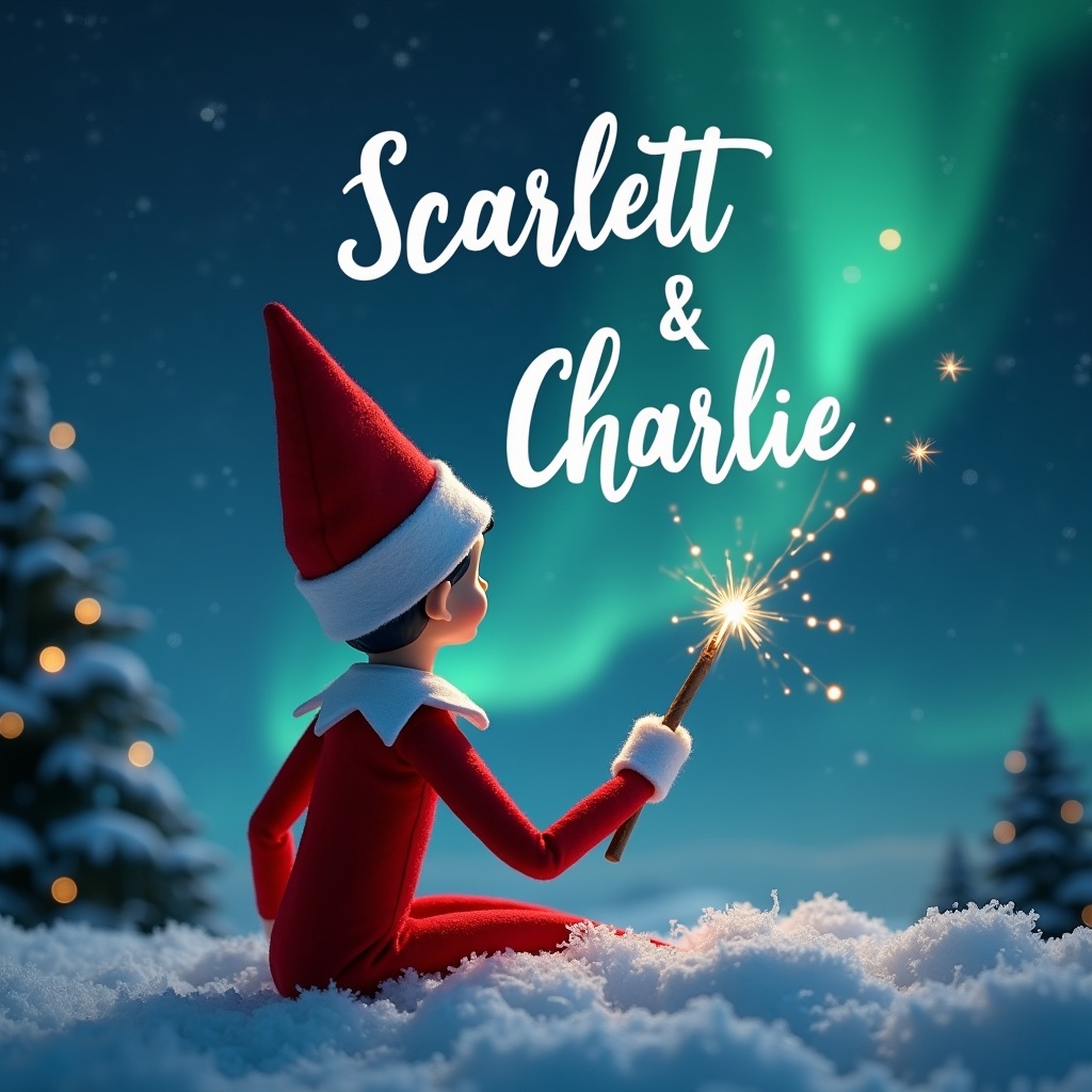 Elf character in a red outfit sits in the snow. Elf uses a wand to draw in the sky. Magical Christmas scene has northern lights. Names Scarlett and Charlie elegantly written in the sky. Santa is present in the background.