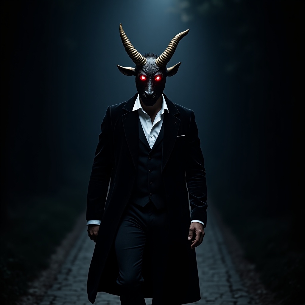 Gentleman in black velvet Victorian suit walking down a dark path. Minotaur mask with glowing red eyes and golden highlights. Image captures intimidation and elegance.