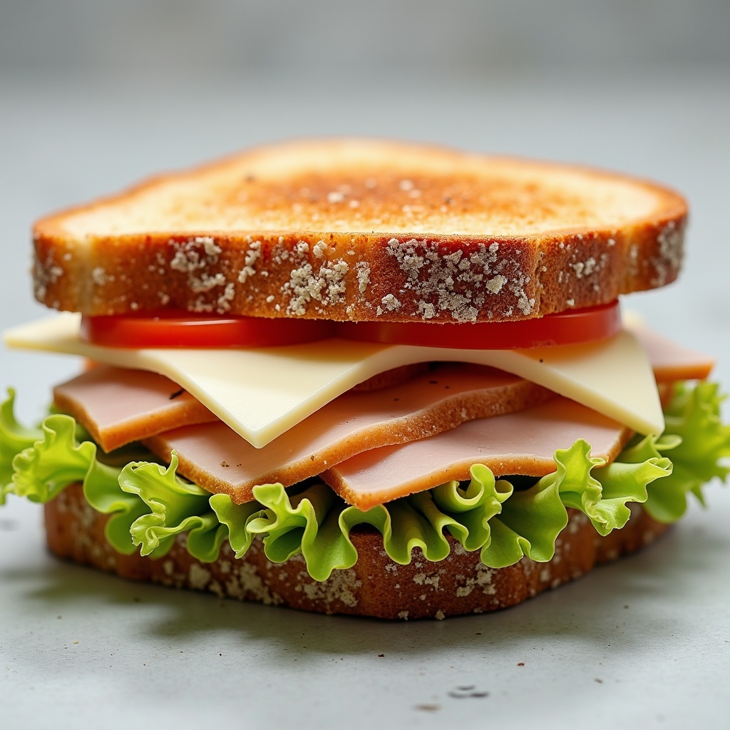 The image showcases a beautifully plated sandwich made with two slices of toasted bread. Inside, there are layers of smoked turkey, white cheese, fresh iceberg lettuce, and slices of ripe tomato. The bread is golden-brown with a hint of crunch, emphasizing its toasty texture. The vibrant green lettuce and red tomatoes add color and freshness to the composition. Overall, this sandwich looks appetizing and nutritious, perfect for a hearty lunch.