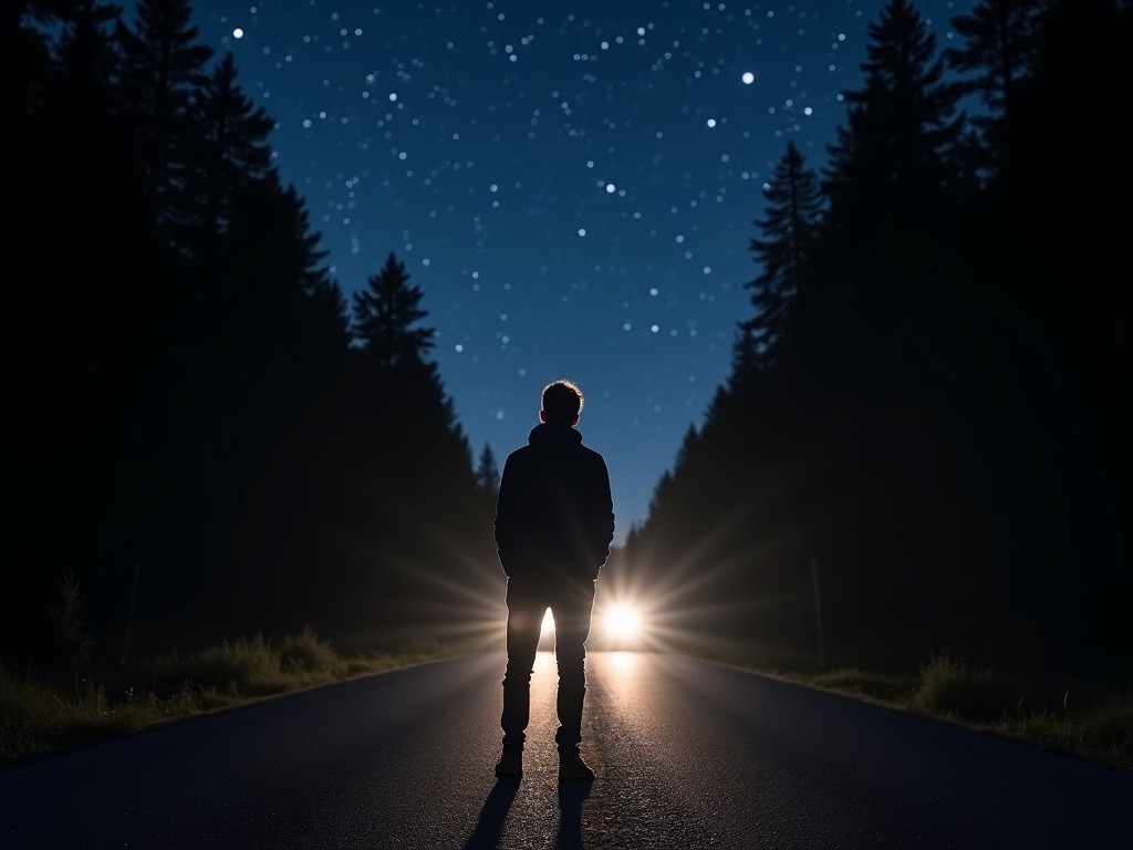 A silhouette of a person stands alone on a road during the night. The scene is illuminated by the headlights of a vehicle, creating a striking contrast against the backdrop of a star-filled sky. Towering trees line the sides of the road, enhancing the feeling of isolation. This moment evokes a sense of contemplation and wonder about the universe. The atmosphere is serene yet intense, inviting viewers to reflect on their place in the world.