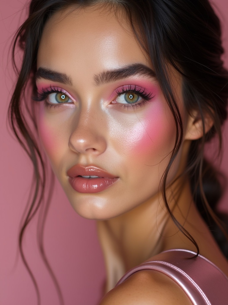 Closeup of a young woman. Bright large eyes with rosy pink hue. Makeup in pink tones with shimmer. Leather dress has shiny finish.