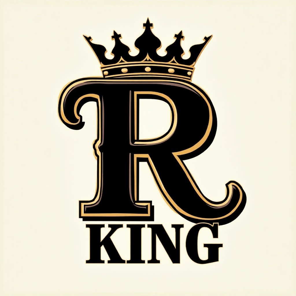 This image features a prominent 'R' in black with a golden crown above it, emphasizing a regal theme. Below the 'R', the word 'KING' is presented in a bold font. The colors used are strikingly black and gold, adding a luxurious feel. The design is simple yet impactful, perfect for modern branding. It captures the essence of royalty and strength, making it suitable for various applications such as clothing and merchandise.