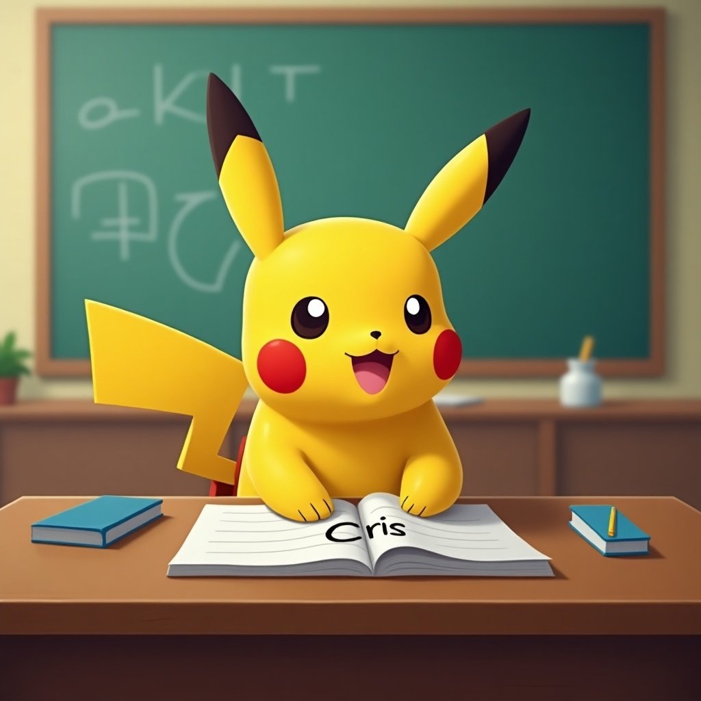 Pikachu is in a classroom. Pikachu is sitting at a desk. On the desk the name Cris is visible. Background includes a chalkboard.