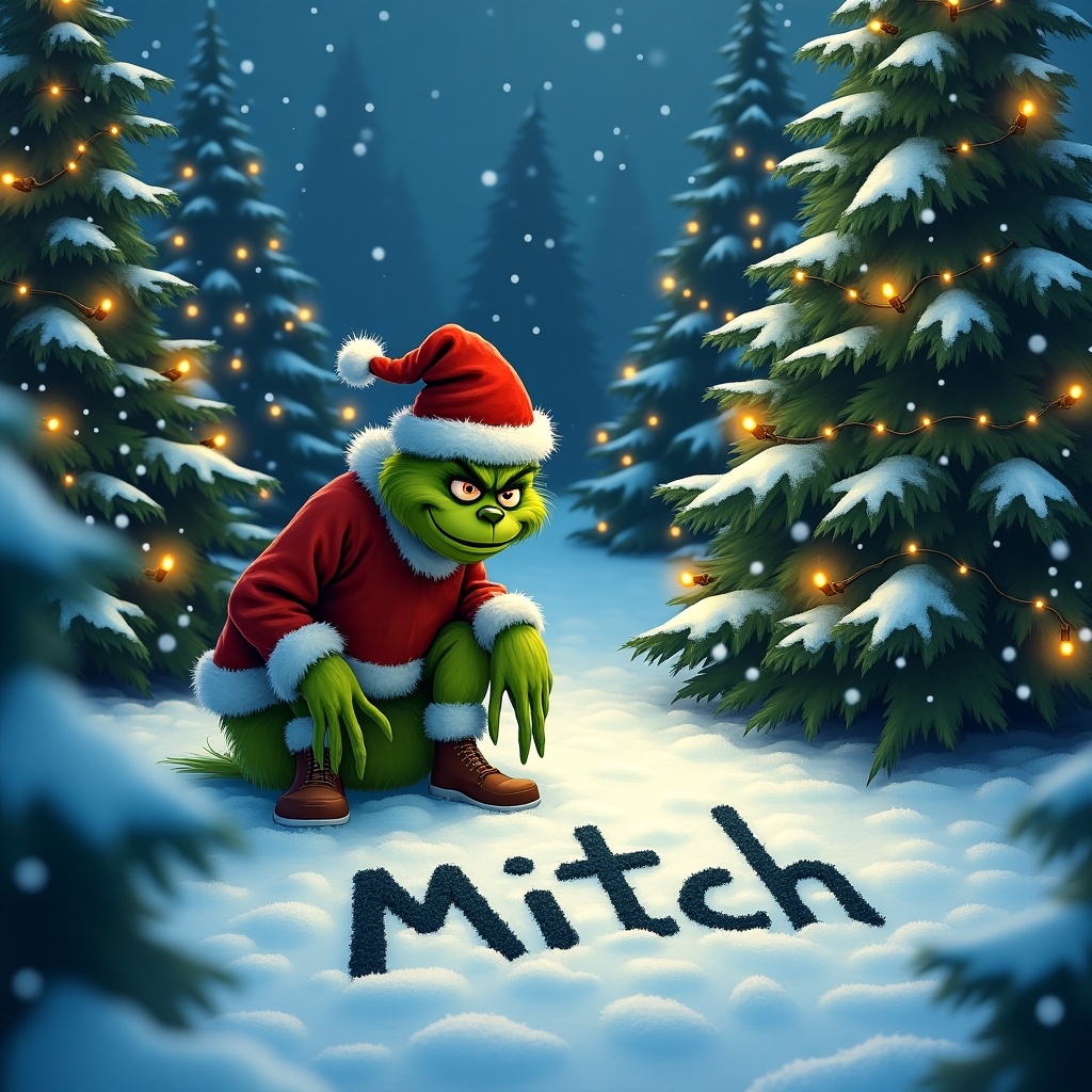 The Grinch is outside in the snow surrounded by Christmas trees. The trees have lights on them. The Grinch is writing the name Mitch in the snow.