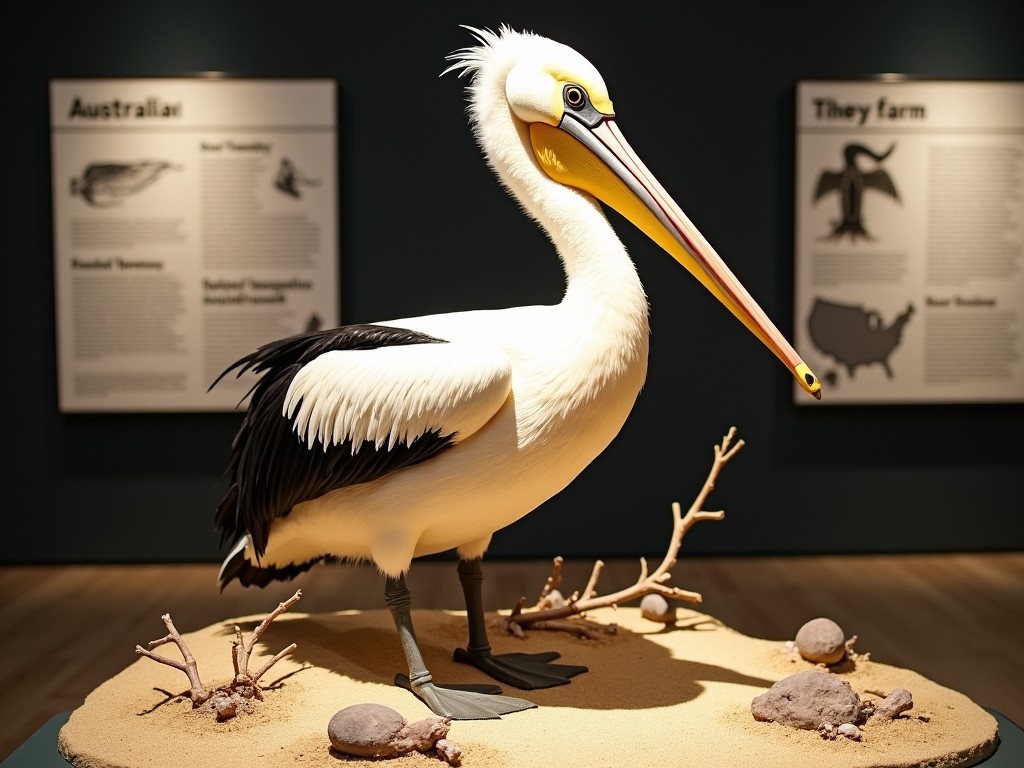 The image shows a taxidermy model of an Australian pelican displayed in a museum. The pelican has a striking white body with black wings, and its long bill is prominently featured. It is positioned on a sandy base, simulating its natural habitat, with some rocks and dried vegetation around it. In the background, there are informational panels with details about the species, including its family classification and geographical distribution. The overall setup provides an educational glimpse into the life of this bird, showcasing its physical characteristics.