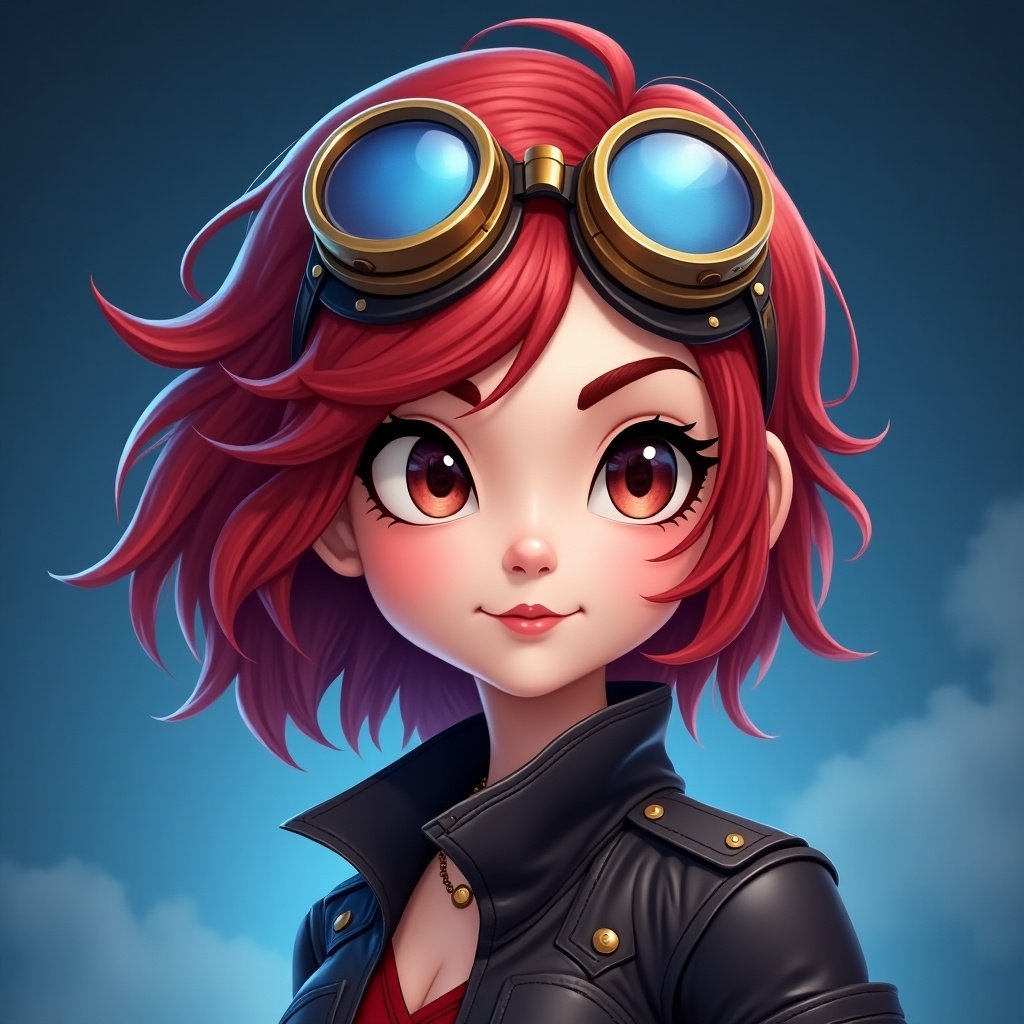 Cartoon character illustration wearing steampunk goggles. Red hair styled in a messy bob cut. Leather jacket is visible. Blue sky forms the background with a dark blue gradient. Character faces the viewer directly.