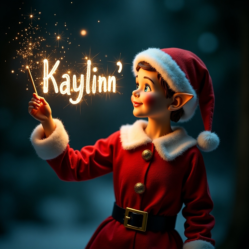 A Christmas elf in red outfit writes 'Kaylinn' with a sparkly wand. The elf has a joyful expression with a Santa hat. Background is dark to highlight the glowing name.