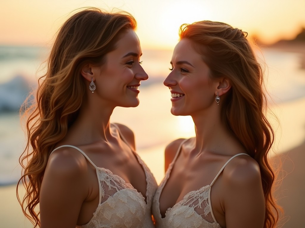 Two beautiful young women are looking at each other. They both have long, wavy auburn hair and are wearing matching cream-colored lace tops. The setting is a beach at sunset, with gentle waves lapping at the shore. The sun is low in the sky, casting a warm golden glow that backlights the women, creating a shimmering sparkle on the water. The woman on the left has lighter hair and small diamond stud earrings, while the woman on the right has slightly darker hair with small dangling earrings. Both have soft smiles and serene expressions. The background is slightly blurred, bringing focus to the women in the foreground, enhancing the romantic and dreamy atmosphere.