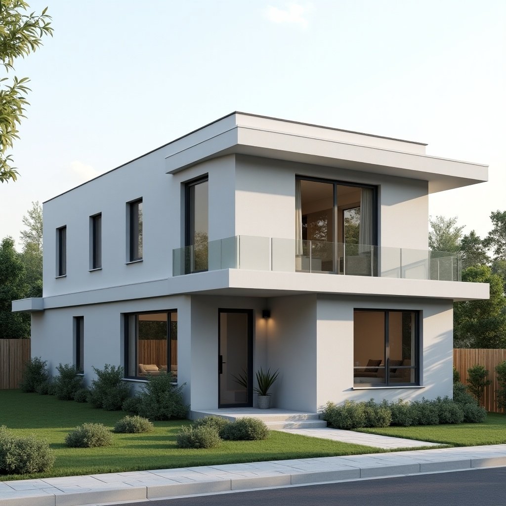 Modern house design featuring clean lines and large windows. Flat roof architecture with minimalist landscaping. Light gray and dark gray color scheme with accent colors.