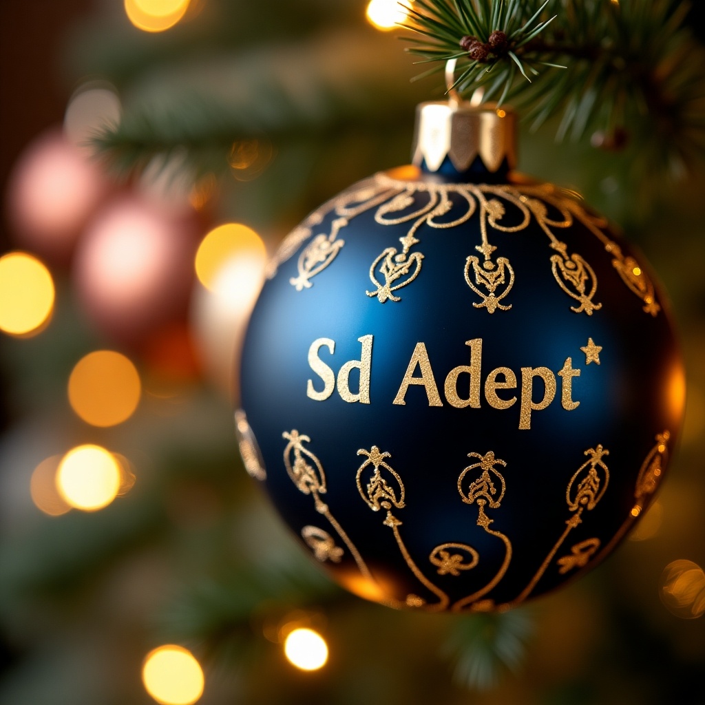 Close-up of a beautiful Christmas bauble. Navy blue ornament with gold patterns seen. Name 'SD Adept' is featured prominently. Soft festive lights blur in the background.