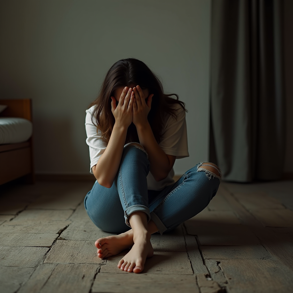 A person sitting on the floor with their face in their hands, appearing thoughtful or upset.