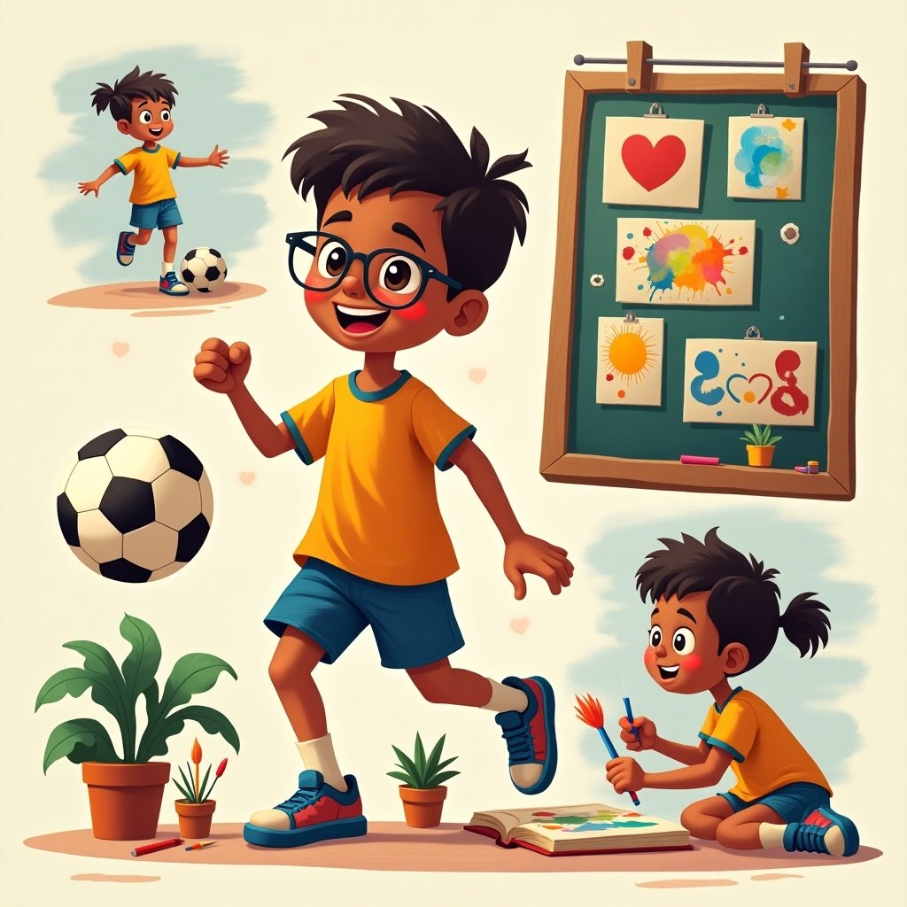 Animated collage of a child playing soccer. Child painting pictures. Child learning new things. Bright and colorful design.