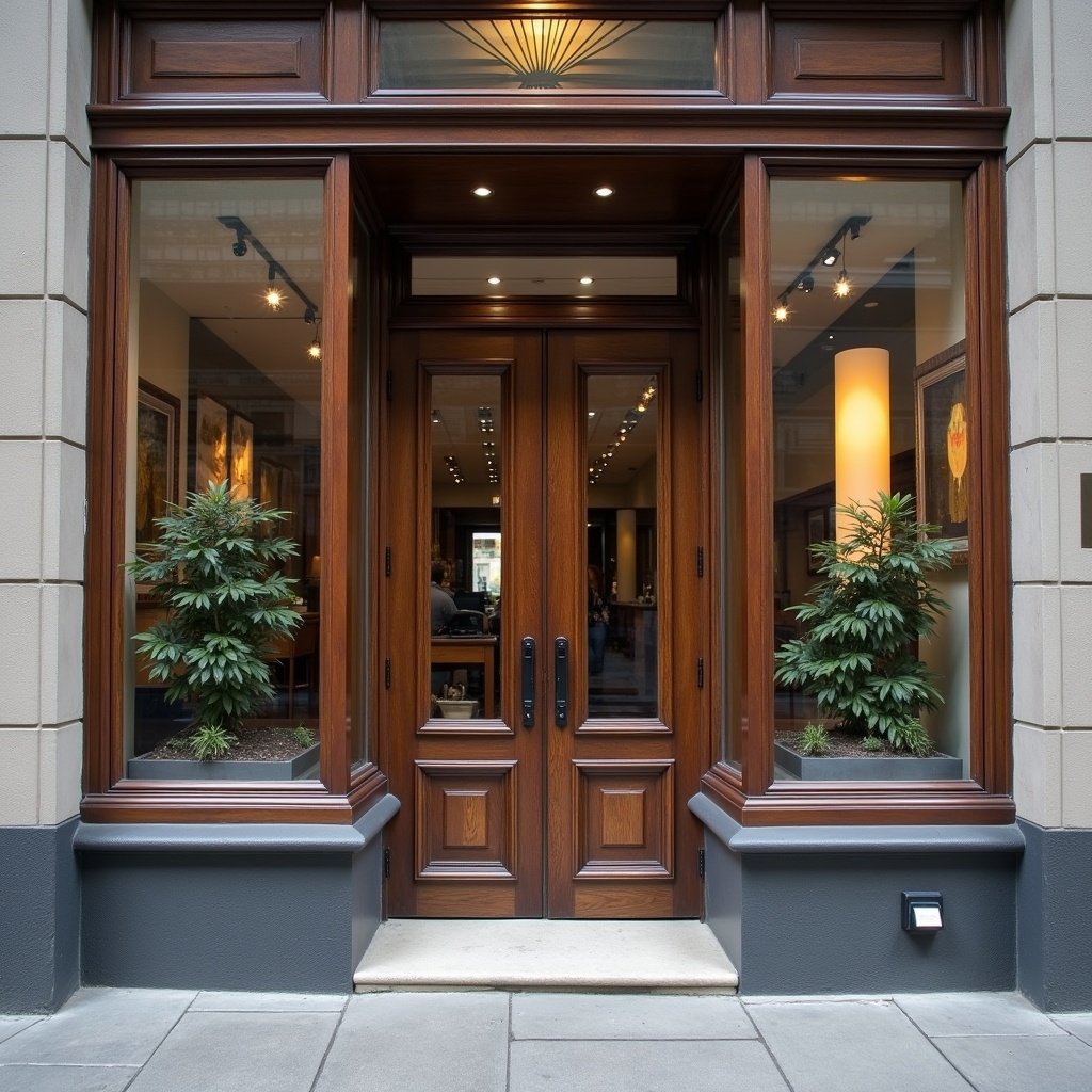 A front entrance of a store featuring wooden double doors. Plant pots frame the door, creating a welcoming atmosphere. The interior is softly lit, showcasing art pieces.