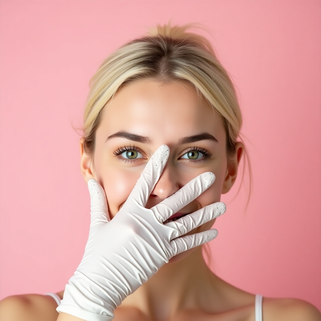 Person with blonde hair covers nose with gloved hand. Speckled white nail polish on gloves. Pink background.