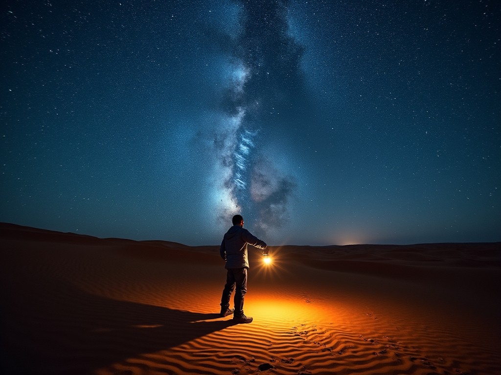 A person holding a lantern walking through a desert at night with the Milky Way visible in the sky.