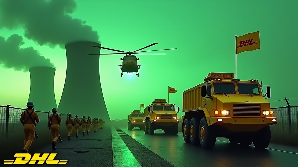 In a dramatic scene, several large yellow armored cars drive up to a fence. The armored cars are decorated with the DHL logo, symbolizing strength and reliability. Nearby, soldiers in matching yellow uniforms march in unison, exuding discipline. One soldier stands proudly holding a flag bearing the DHL logo, representing loyalty. In the backdrop, the smokestacks of a nuclear power plant emit an eerie green light, adding to the scene's intensity. Above, a large yellow Chinook cargo helicopter flies, heightening the dramatic impact. The DHL logo appears boldly at the bottom, reinforcing the brand's presence.