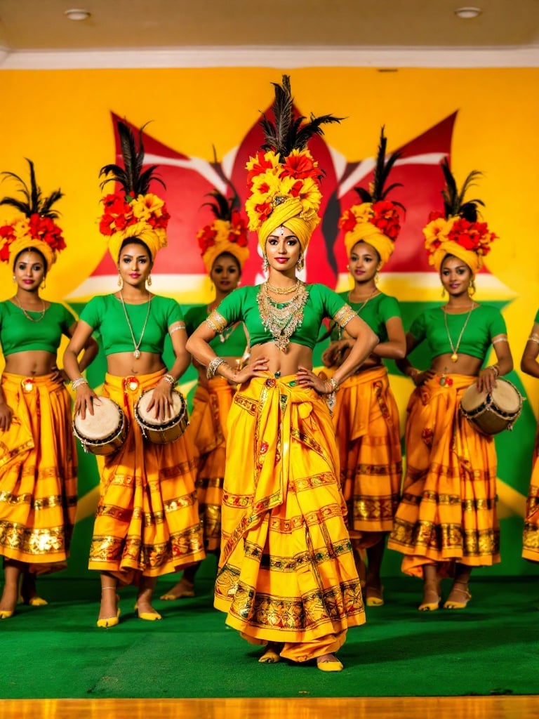 A vibrant photograph features a traditional Indian dance performance with eight women in colorful attire on stage. Their outfits showcase bright yellow skirts with intricate patterns and green blouses. Each dancer has elaborate headdresses adorned with red flowers and tall feathers. Some hold traditional instruments. The background illustrates a Kenyan flag, creating a cultural context. The scene is lively and energetic, emphasizing the dancers' movements and expressions.