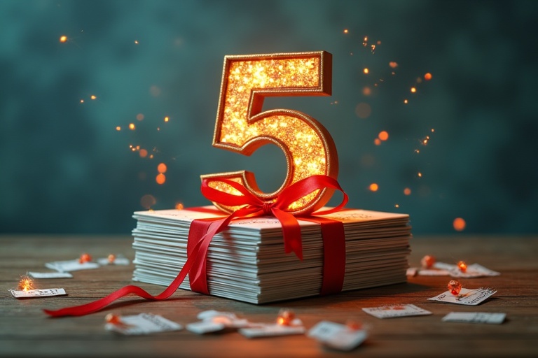 A bundle representing five years. A glowing number five on top of a gift box. The box is wrapped in a red ribbon. Sparkles surround the number. Background has a soft glow. The scene conveys a celebratory mood.