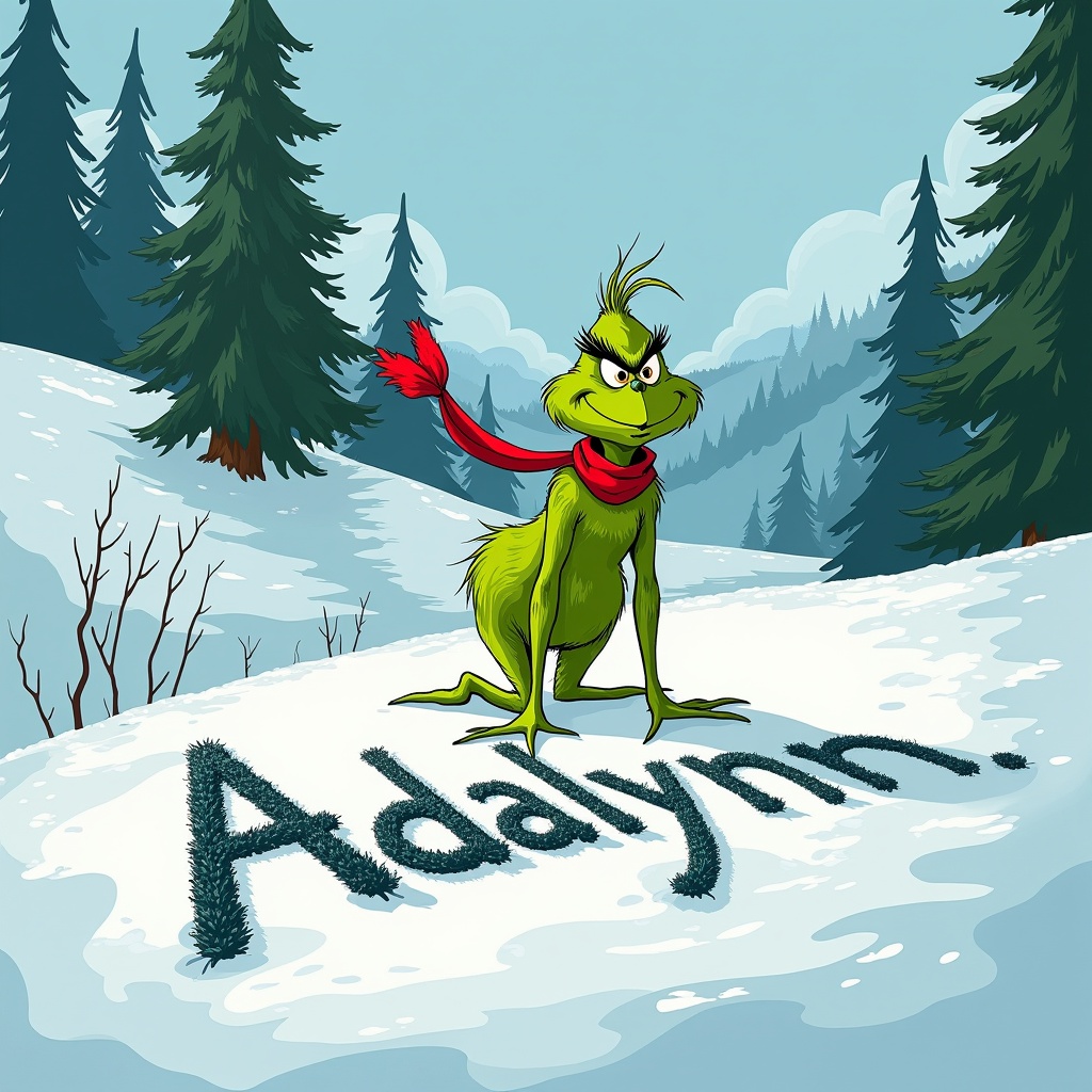 Grinch writes name Adalynn in snow. Scene includes snow-covered hills and evergreen trees. Grinch has green color and red scarf.