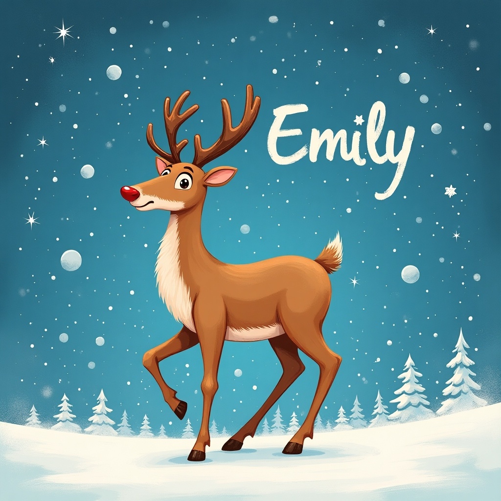 Christmas reindeer with the name Emily in the sky. The scene is decorated with snowflakes and a winter backdrop.