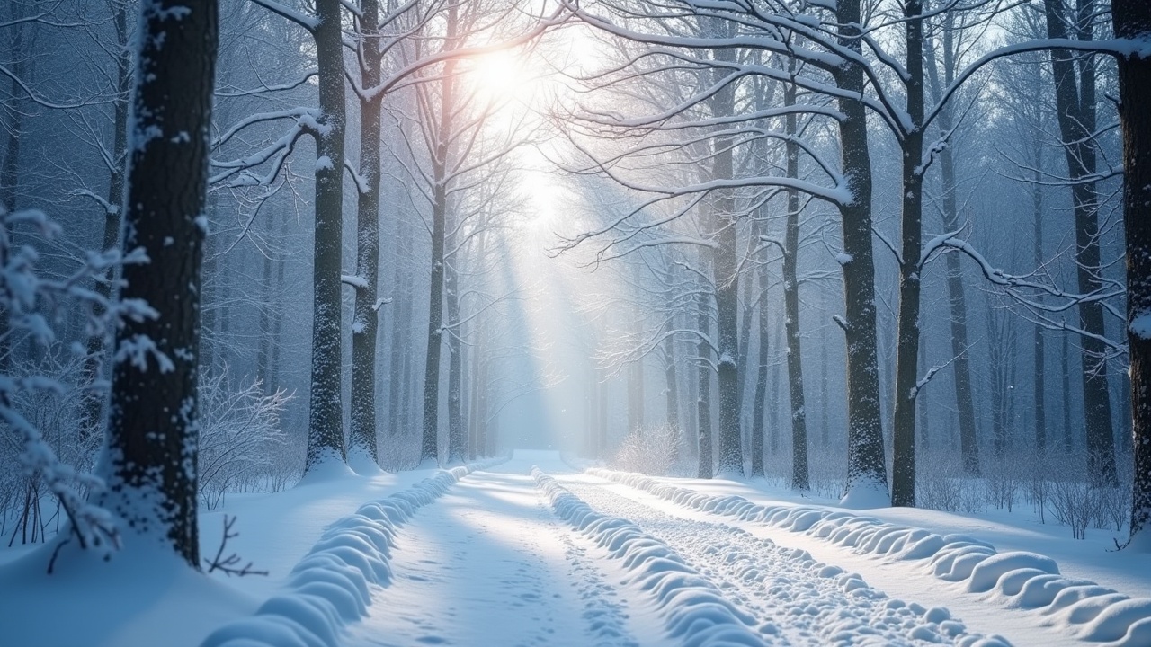 This image captures a tranquil winter scene in the woods, showcasing the first snowfall. The path is covered with fresh snow, leading through trees heavily laden with white. Soft light filters through the branches, creating a serene atmosphere. Rays of sunlight break through, adding warmth to the cool tone of the snow. The scene feels peaceful and magical, as if lifted from a movie. It beautifully embodies the essence of winter's charm.