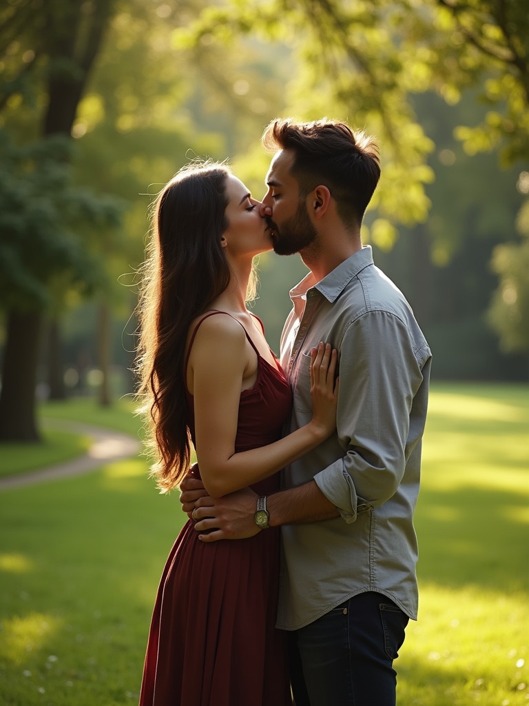 A couple shares a romantic kiss in a lush green park. They are surrounded by trees and grass under soft daylight. The woman's long hair cascades down her back. The man holds her waist gently. They appear deeply in love.