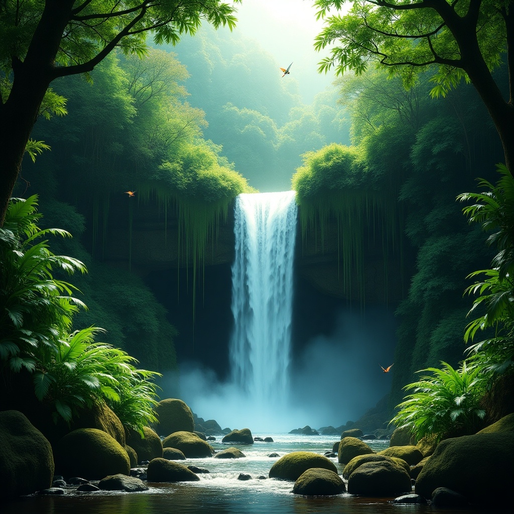 Lush tropical forest scene features majestic waterfall cascading down rocky cliff. Surrounded by moss-covered trees and vibrant ferns. Brightly colored birds soar through air adding life and motion. Rich green hues create tranquility and natural beauty.