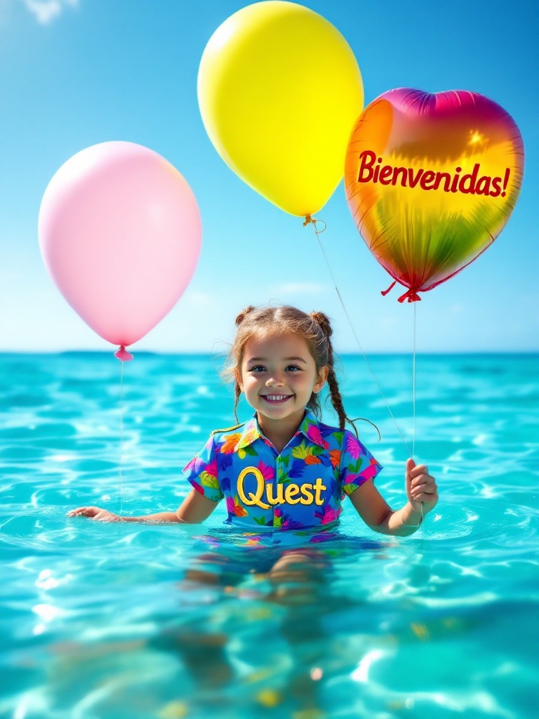 A young girl in a colorful shirt with 'Quest' on it floats in the Caribbean Sea. She holds colorful balloons. One balloon reads 'Bienvenidas!' The scene is joyful and bright.