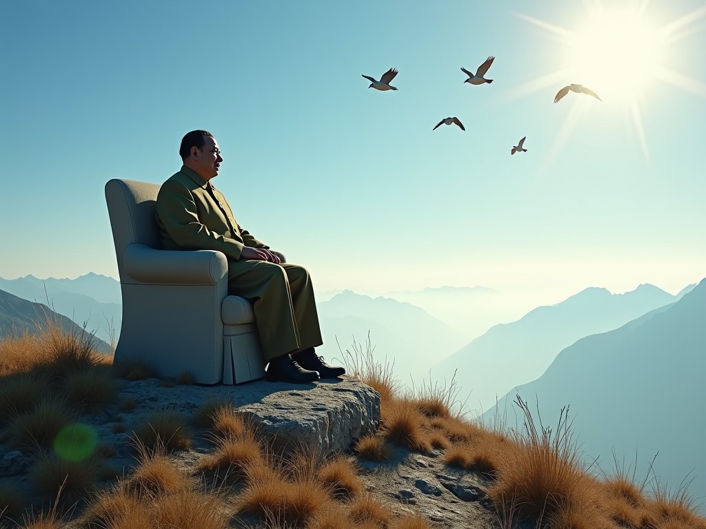 The image depicts a solitary figure seated in a chair atop a rocky cliff with a breathtaking mountain backdrop. The individual is dressed in a simple, traditional attire, exuding calmness and contemplation. Soft rays of sunlight bathe the scene, creating a warm and inviting atmosphere. Birds are seen soaring in the distance, adding a sense of freedom and movement. The surrounding landscape features gentle slopes and natural vegetation, enhancing the feeling of peace and tranquility.