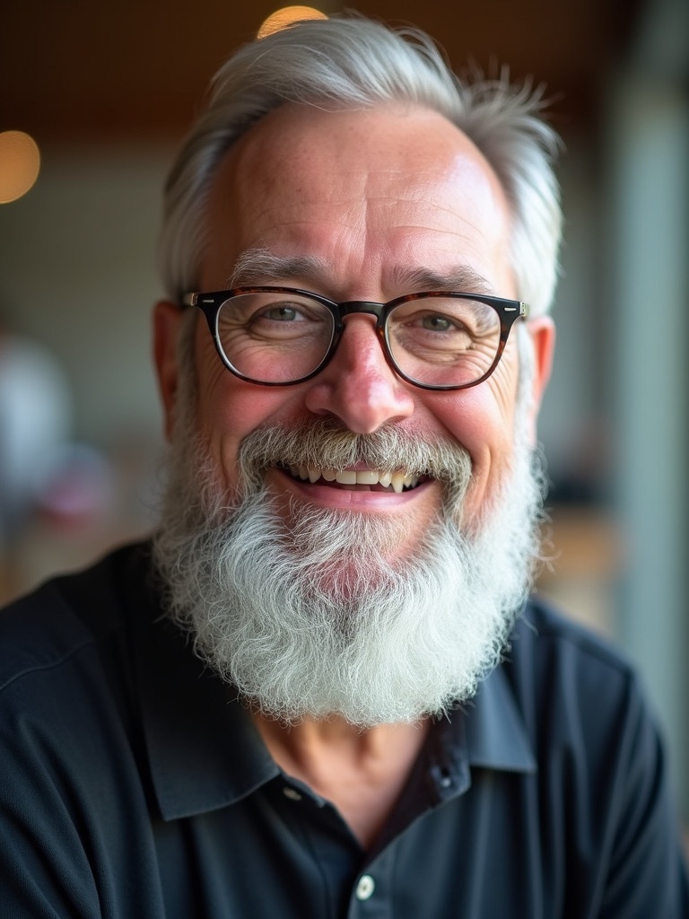 Older man smiling with glasses and a full beard. Bright and positive presence exudes warmth.