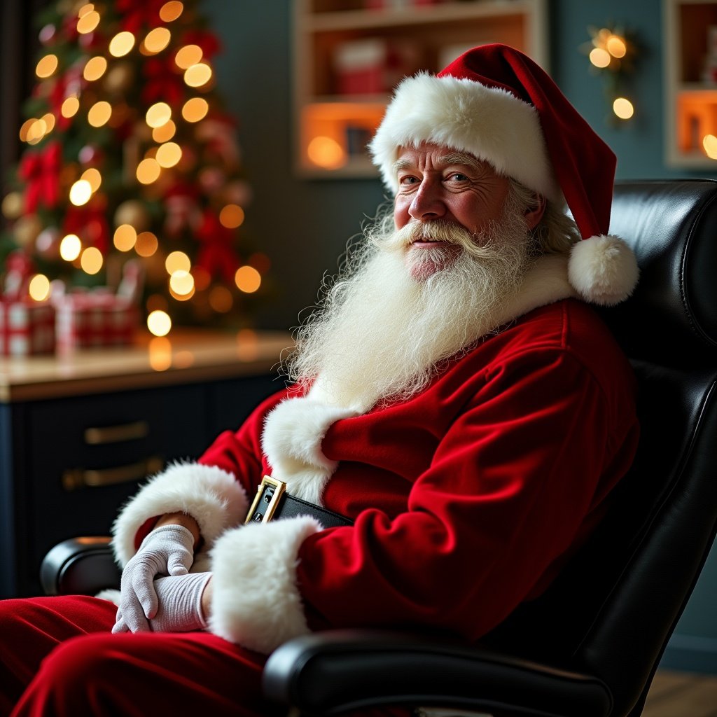 Santa sitting in a salon chair surrounded by Christmas lights and decorations. Warm atmosphere with a focus on festive elements.