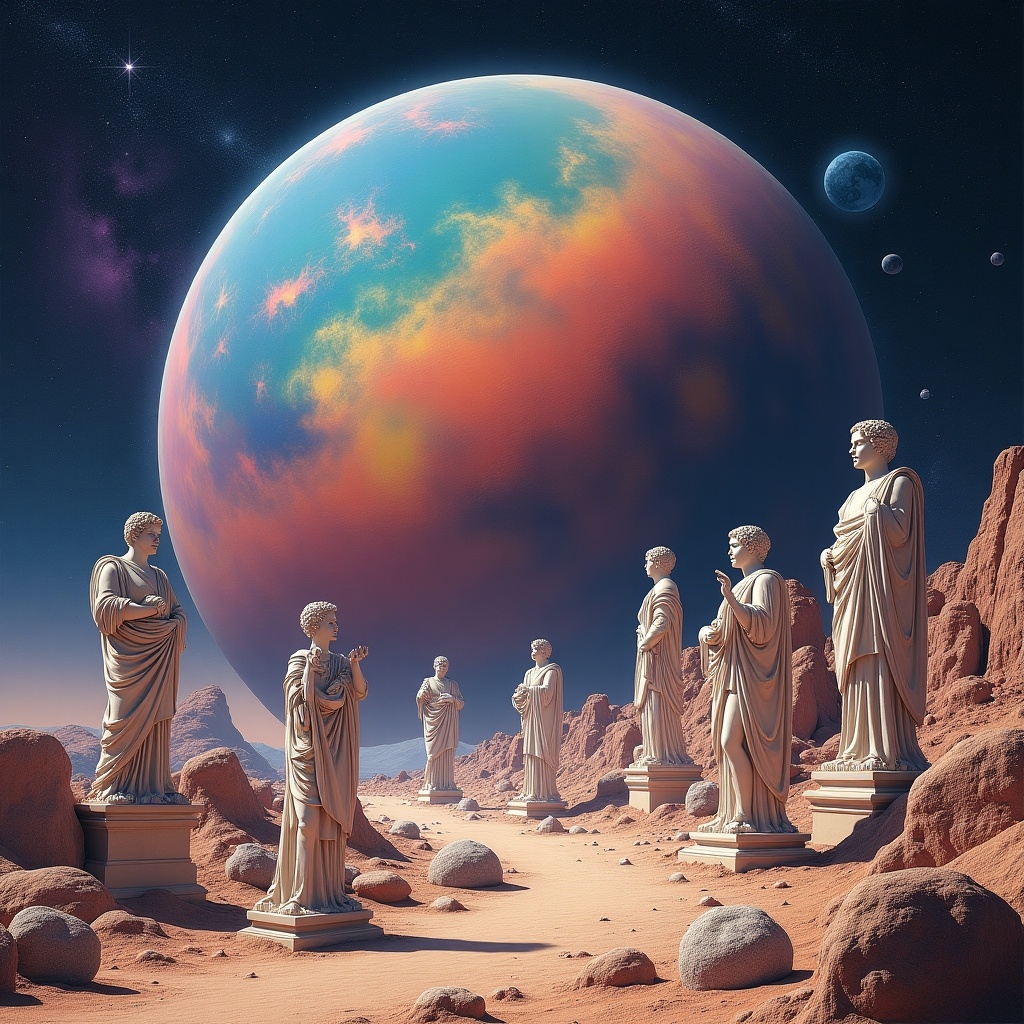 The image features a surreal landscape with eight Greek statues set on a rocky terrain. In the background, a large, colorful planet dominates the sky, filled with shades of blue and orange. Surrounding the statues are smaller rocks and a rugged landscape that adds to the otherworldly feel. The scene is bathed in a soft, ambient light, enhancing its dreamlike quality. This combination of classical art and futuristic elements creates a striking visual that invites exploration and imagination.