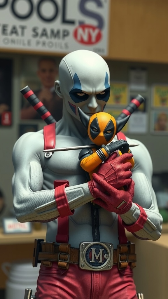 A masked figure with intense expressions embraces a small action doll in a comic store setting.