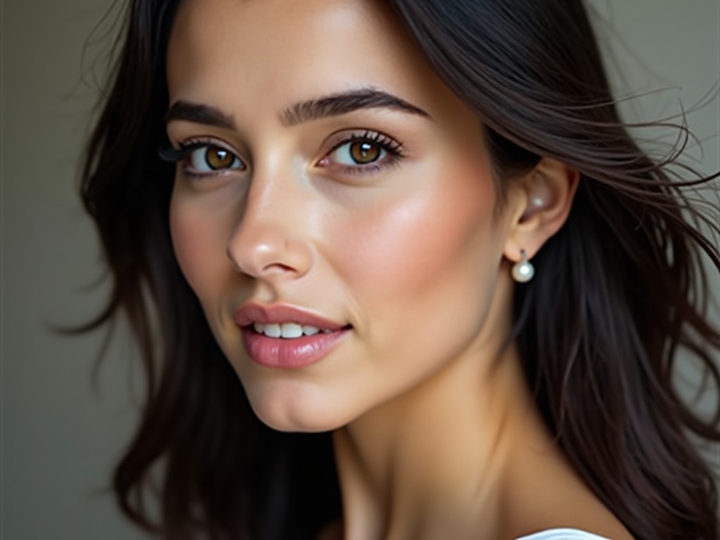 This image captures a close-up portrait of a young woman with brown hair, showcasing her striking facial features. The soft focus and gentle lighting accentuate her smooth skin and the pearl earring adds a touch of elegance. The confident expression and slight smile evoke a sense of poise and grace.