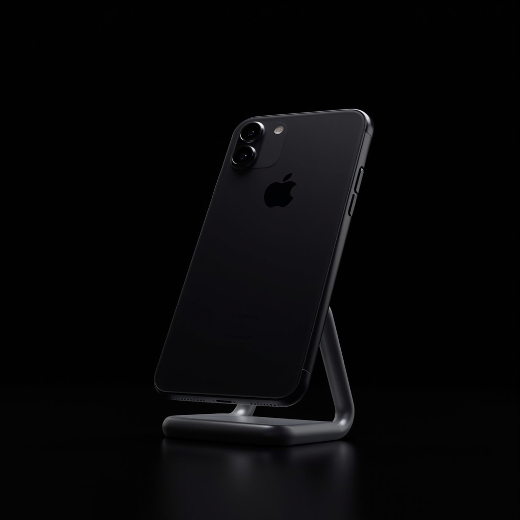 A black phone is elegantly displayed on a stand against a dark background.