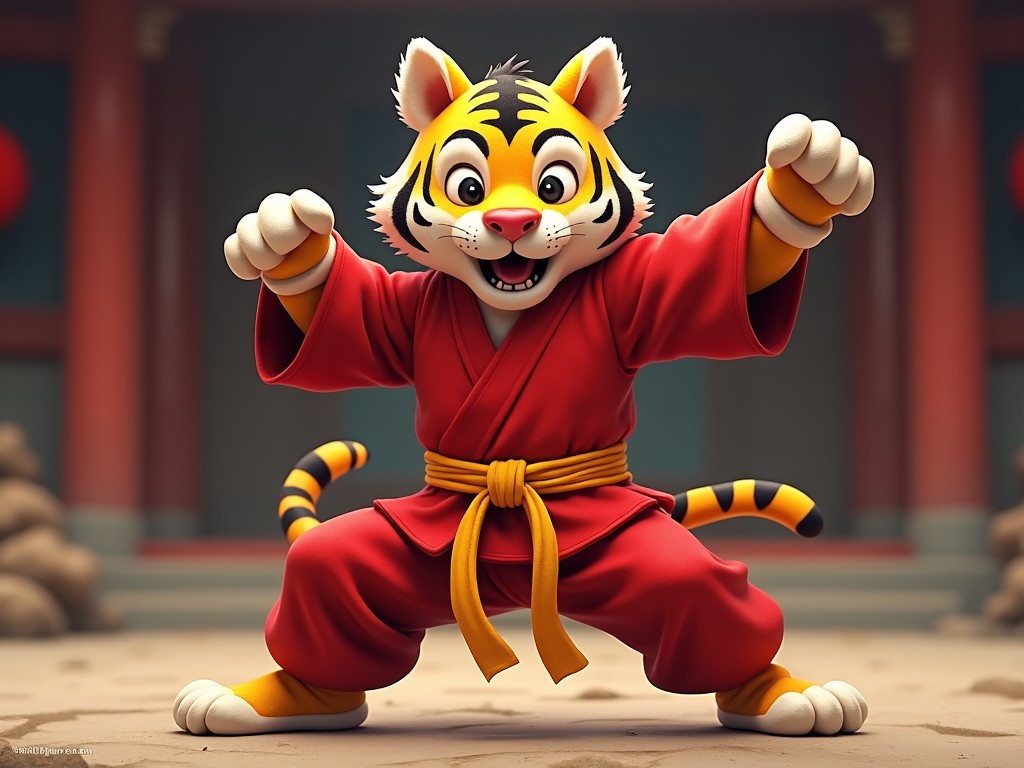 This image features a cartoon tiger character dressed in a red martial arts uniform with a yellow belt. The tiger is striking a dynamic martial arts pose, showcasing enthusiasm and energy. Its facial expression is joyful and fierce, typical of a playful yet determined character. The backdrop hints at an Eastern-themed setting, enhancing the martial arts context. The colors used are bright and appealing, making the character eye-catching for children and animation lovers.