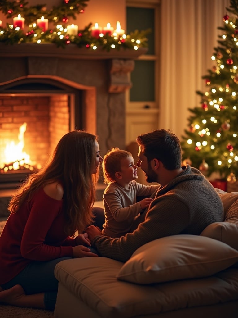 A family enjoys a cozy Christmas evening in a warmly decorated living room. Soft lights illuminate the Christmas tree. A fireplace adds warmth to the atmosphere. The family bonds while seated on the floor surrounded by holiday decor.