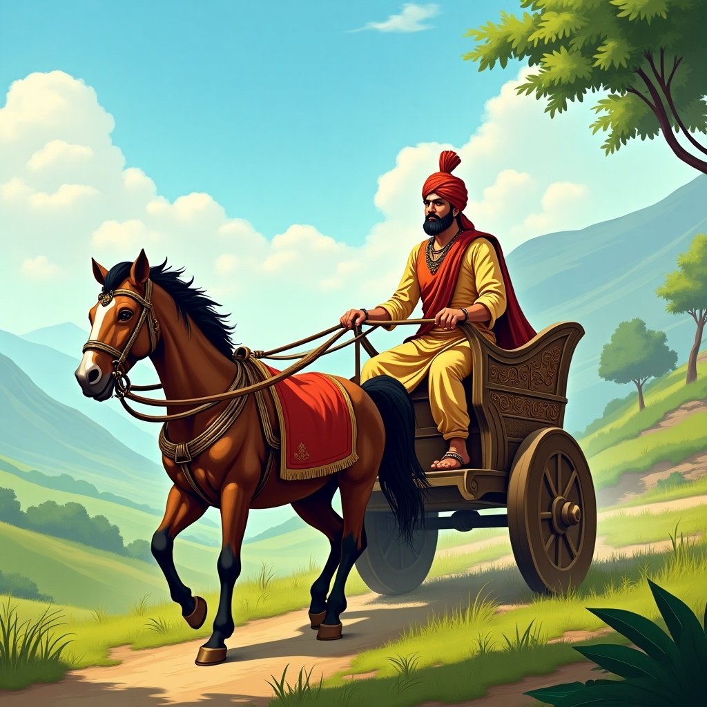 Ancient Indian man riding a chariot in a lush landscape. The rider is dressed in traditional attire with a horse and a scenic background.