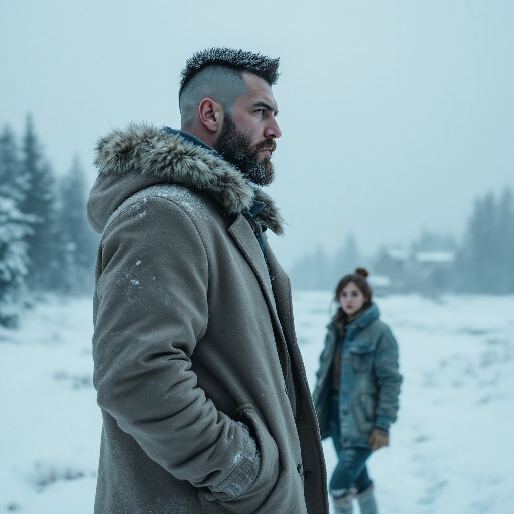 Chilly winter landscape features a designer and a bohemian woman. Snow accumulates on the designer's fur-lined hood. Designer in a worn beige coat gazes at a snowy plain. Young woman approaches from the forest, dressed in denim, her hair tumbling in curls. She hands him an envelope. They exchange a hug in a foggy, atmospheric setting.