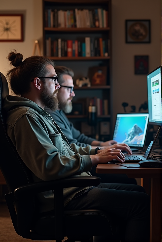 Two individuals working on laptops in a cozy, book-lined room, their faces illuminated by screen light, creating a focused and productive atmosphere.