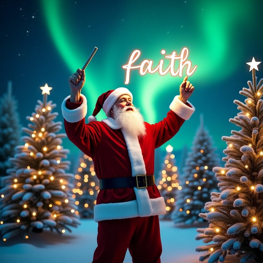 Christmas scene with Santa Claus and decorated trees. Santa holds a wand writing 'faith' in the air. Vibrant northern lights fill the sky, creating a magical atmosphere.