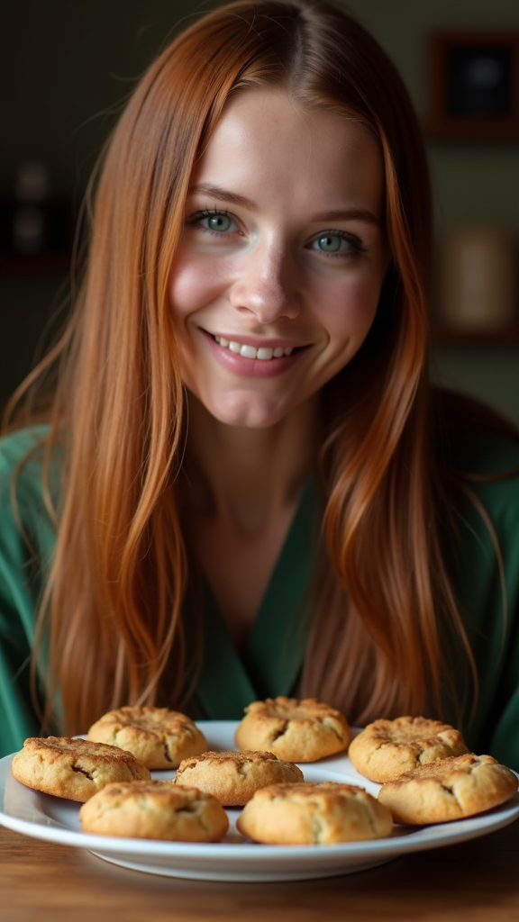 A smiling person presents a plateful of freshly baked cookies.