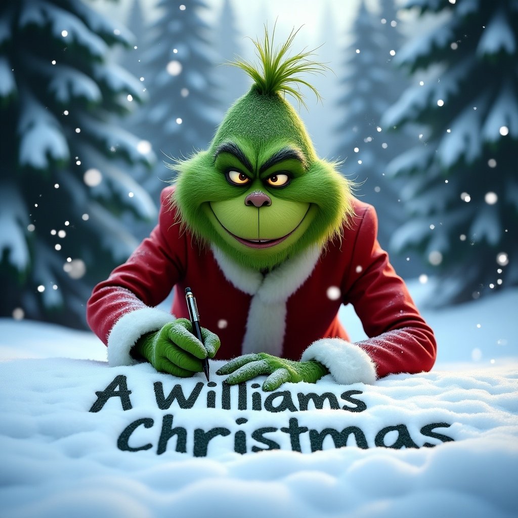 The Grinch in traditional suit writing in snow. Snow gently falling creates winter atmosphere. Name 'A Williams Christmas' inscribed in fresh snow. Surrounded by tall snow-covered trees. Captures festive season and grinch magic.