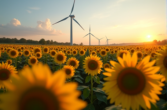 A picturesque scene of a sunflower field with wind turbines in the background, set against a sunlit sky at sunset.