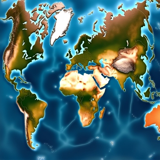 Visualization of the world as seen from above. Continents appear as per a flat-earth perspective. The map features vibrant colors and artistic interpretations of geographic features. The oceans are depicted in shades of blue while continents include varying browns and greens to represent landmasses.