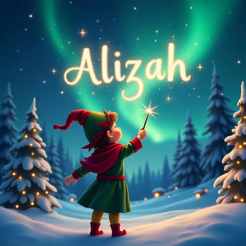 A child dressed as an elf stands with their back to the viewer, gazing up at the night sky. They hold a wand, using it to create the name 'Alizah' surrounded by sparkles. The scene is set in a winter landscape featuring snow-covered trees and twinkling lights. The sky is illuminated by beautiful northern lights, creating a magical atmosphere. The entire composition exudes a cheerful and festive vibe, perfect for the holiday season.