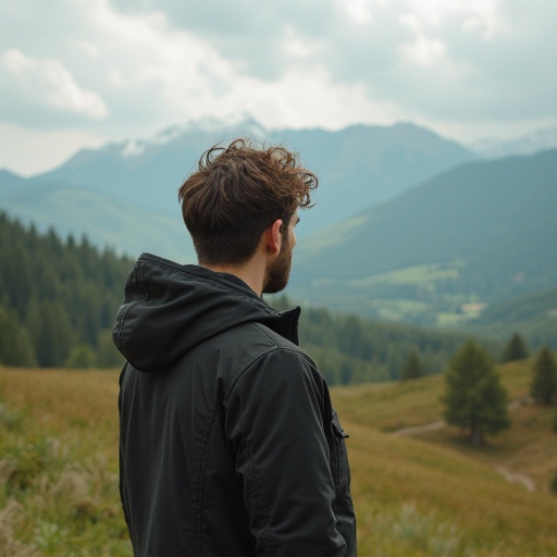 man gazing at a beautiful landscape mountains trees in background