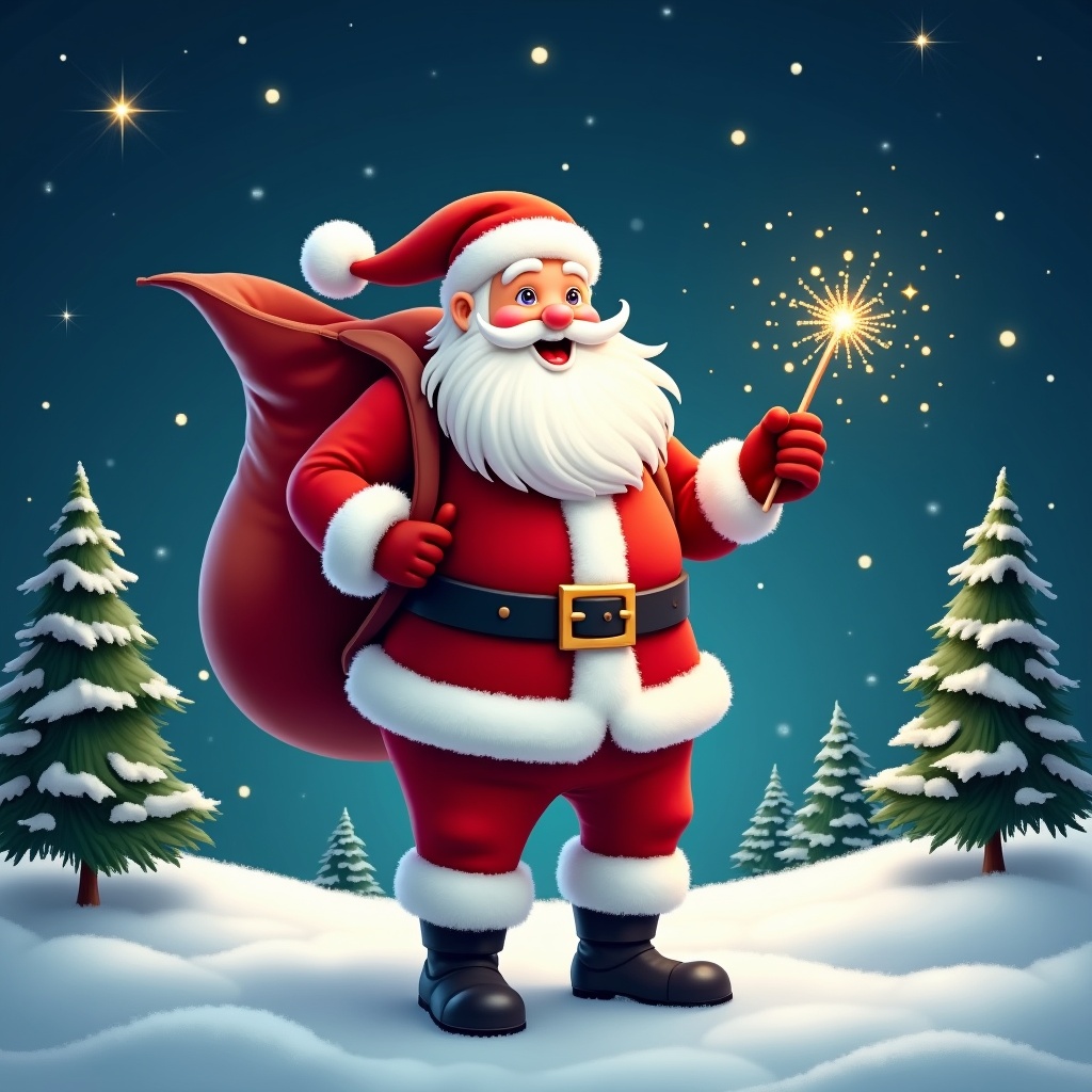 The image features a cheerful Santa Claus standing in a snowy landscape. He has a large red sack slung over his shoulder, symbolizing the spirit of giving. In his hand, he's holding a sparkly wand, adding a touch of magic to the scene. Dressed in his traditional red and white outfit, Santa radiates joy and warmth. Behind him, the night sky is filled with twinkling stars, creating a festive atmosphere. Pine trees covered in snow complete the winter wonderland setting.