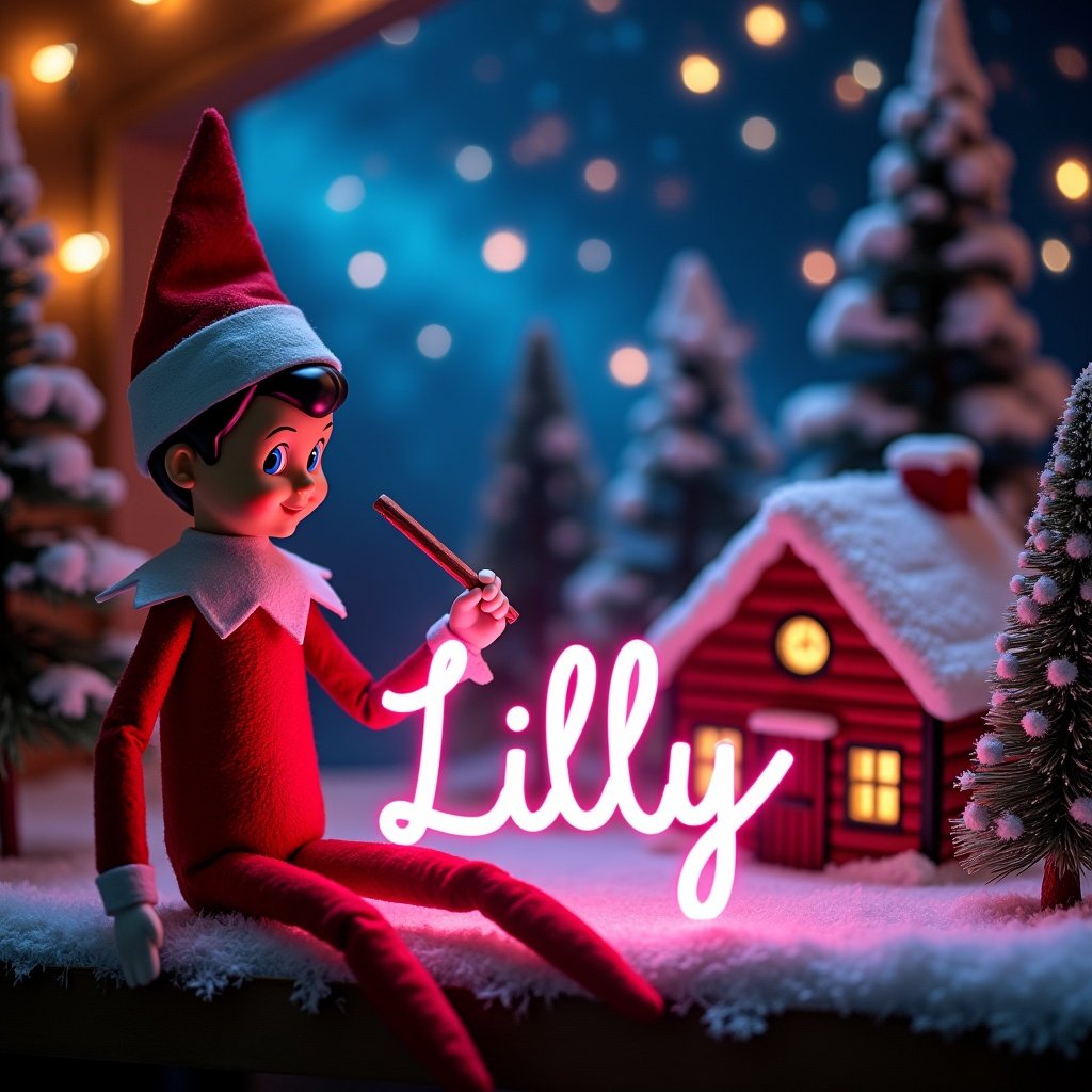 An enchanting Christmas scene features an elf on the shelf. The elf, dressed in vibrant red and white, is joyfully wielding a magic wand while writing 'Lilly' in a glowing pink script. The backdrop showcases colorful northern lights, enhancing the magical atmosphere. Surrounding the elf is a snowy landscape with a lovely log cabin, adding to the charming scenery. This whimsical scene exudes the spirit of Christmas, evoking wonder and joy. It's a perfect representation of holiday cheer.